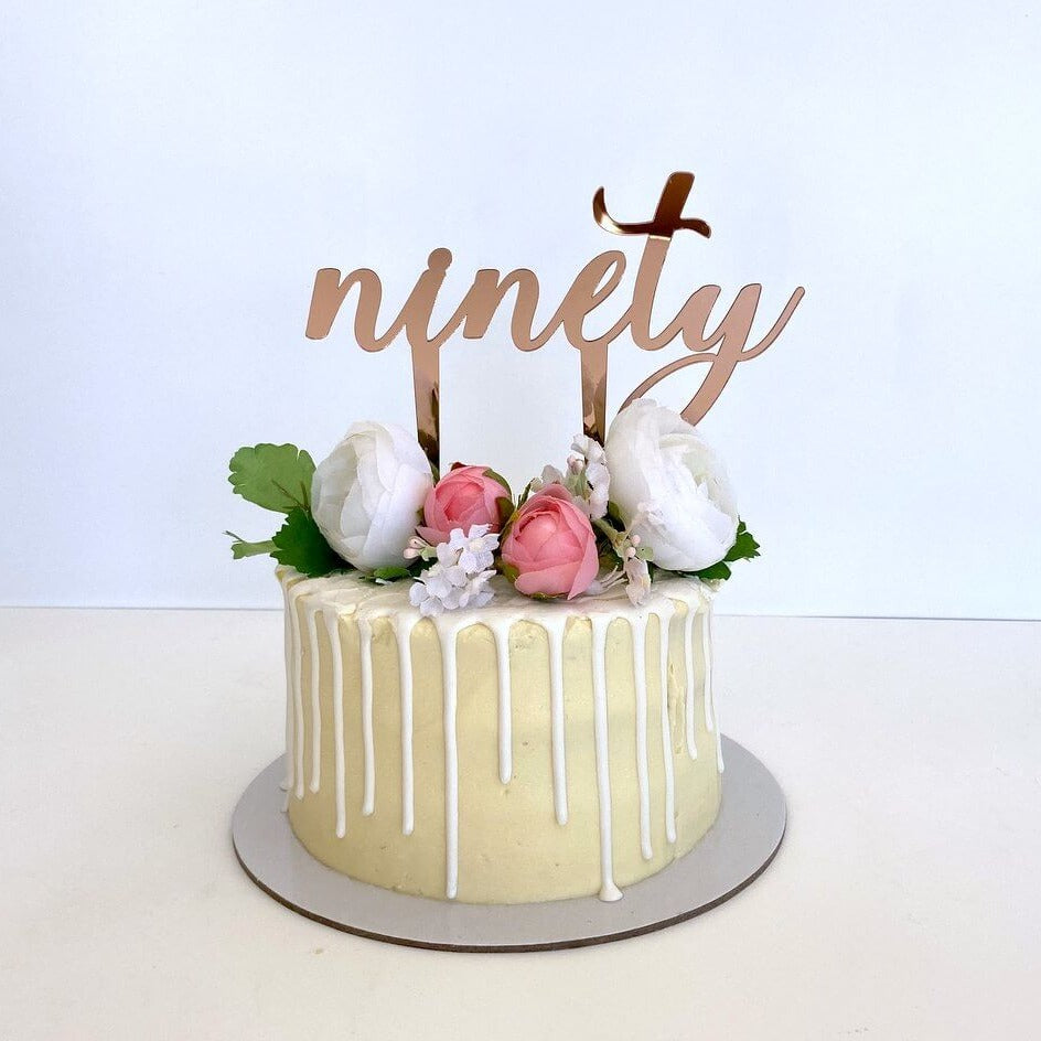 Rose Gold Mirror Acrylic 'ninety' Script Cake Topper - 90th Birthday Party or Wedding Anniversary Cake Decorations