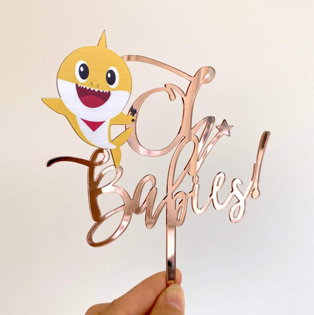 Rose Gold Mirror Acrylic Oh Babies Baby Shark Baby Shower Cake Topper