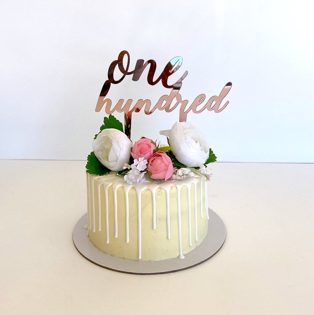 Rose Gold Mirror Acrylic 'one hundred' Script Cake Topper - 100th Birthday Party Celebrations Cake Decorations