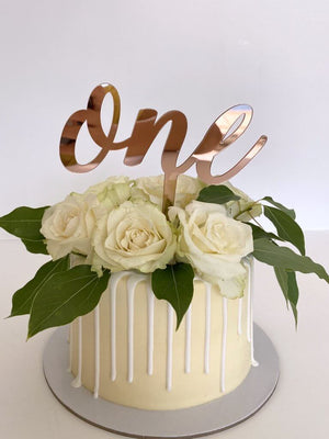 Rose Gold Mirror Acrylic One Script Happy 1st Birthday Cake Topper