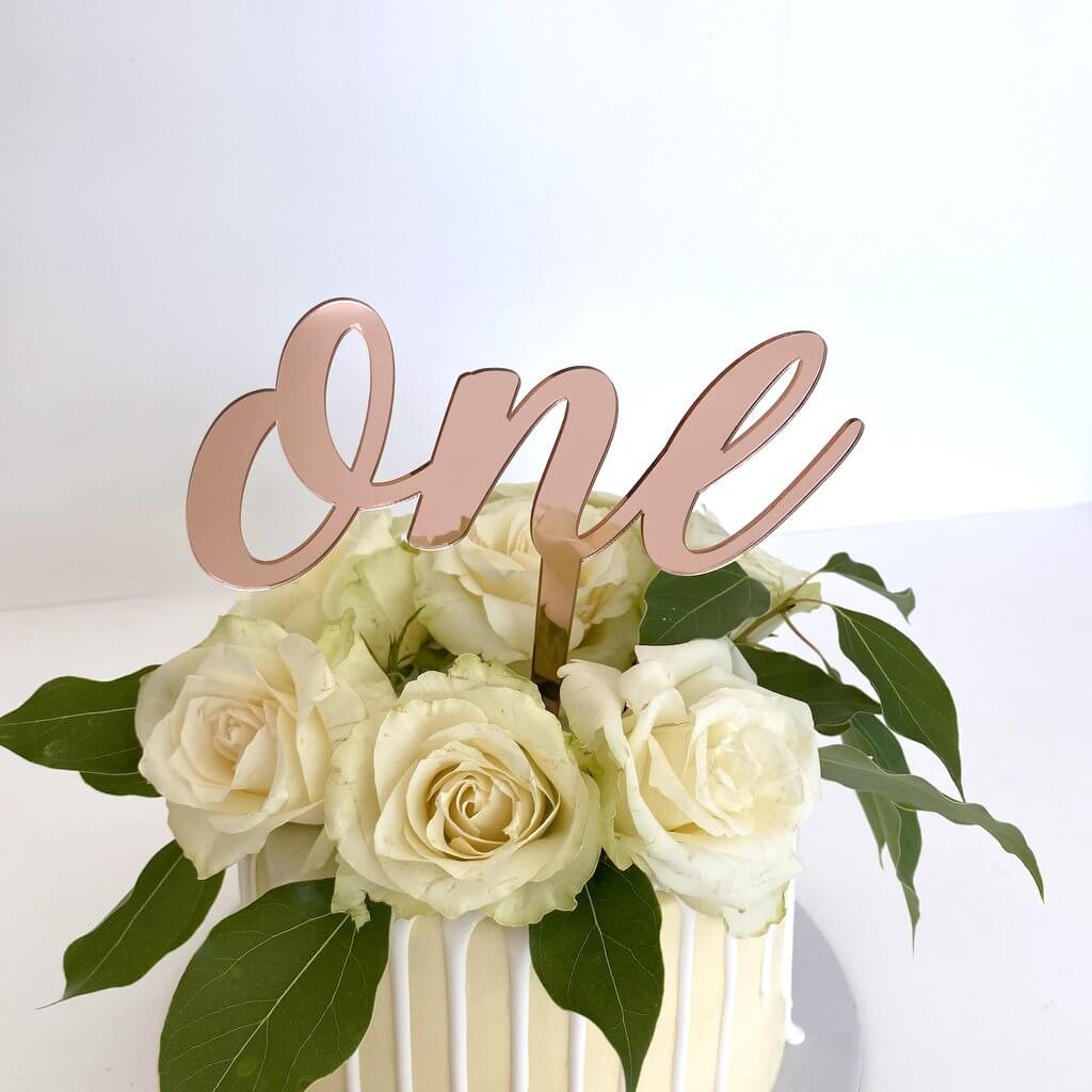 Rose Gold Mirror Acrylic One Script Happy 1st Birthday Cake Topper