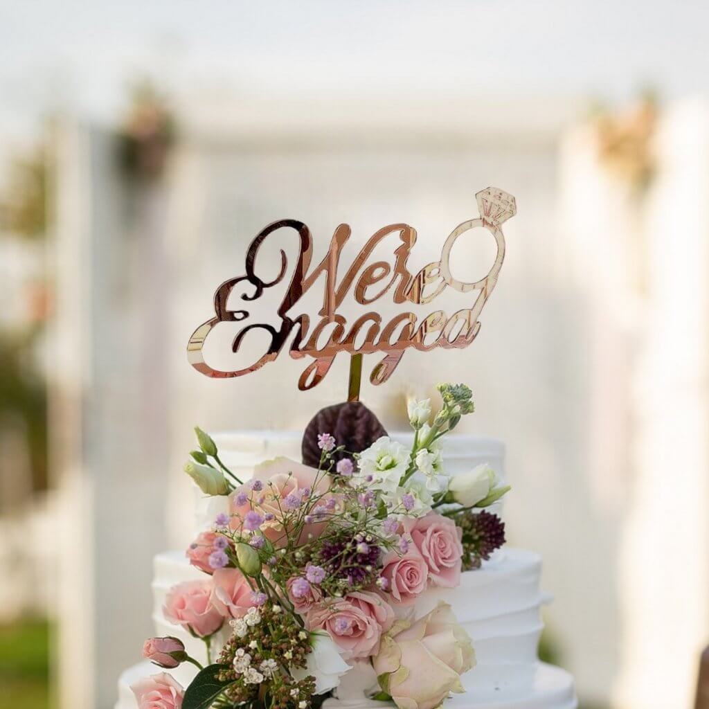 Online Party Supplies Australia Rose Gold Mirror Acrylic 'We're Engaged' Diamond Ring Cake Topper