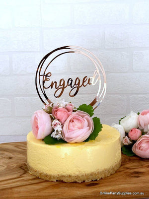 Rose Gold Mirror Acrylic 'Engaged' Geometric Round Cake Topper - Online Party Supplies