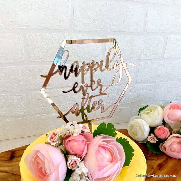 Rose Gold Mirror Acrylic 'Happily Ever After' Cake Topper