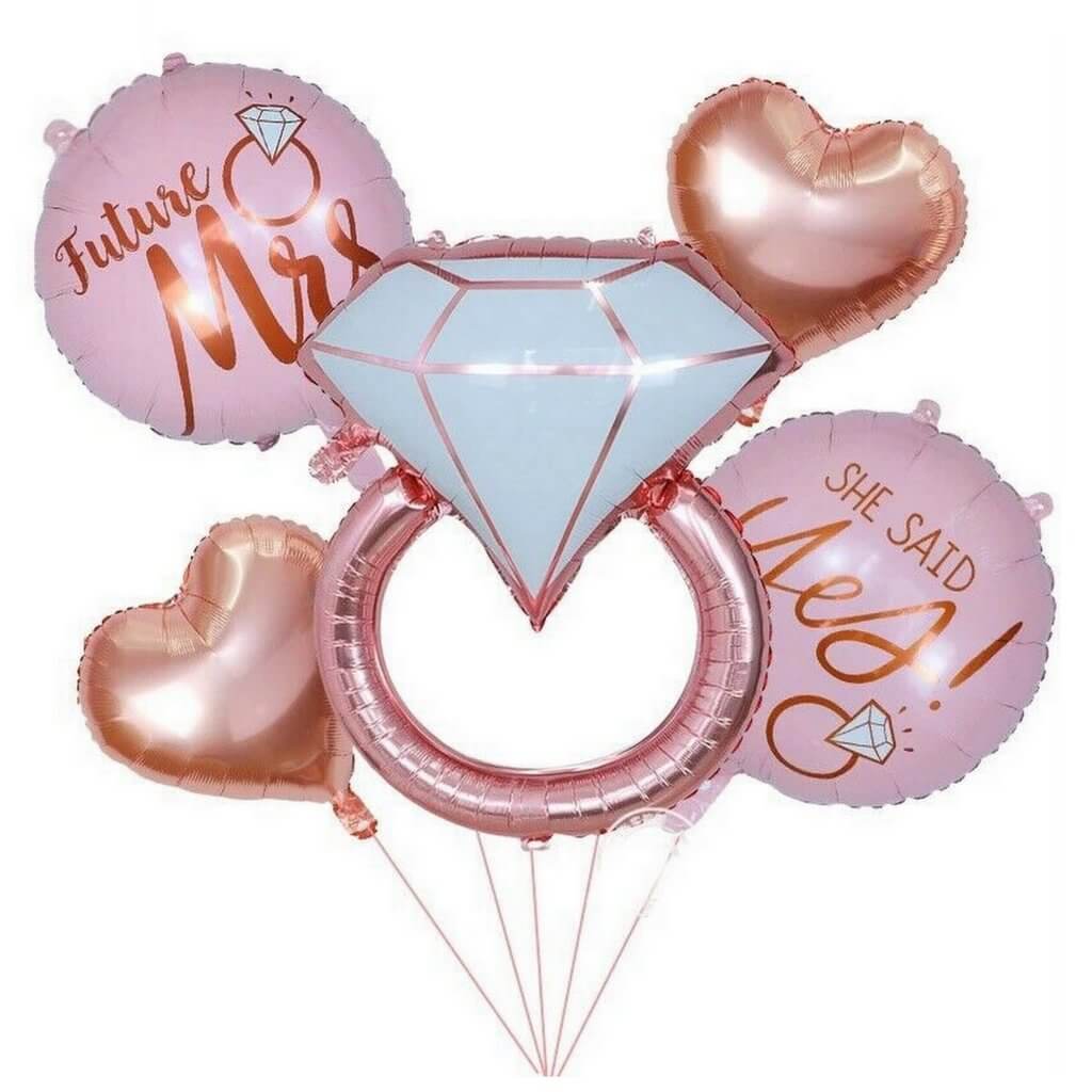 Rose Gold Engagement Ring & Heart Balloon Bouquet - 5 Pieces