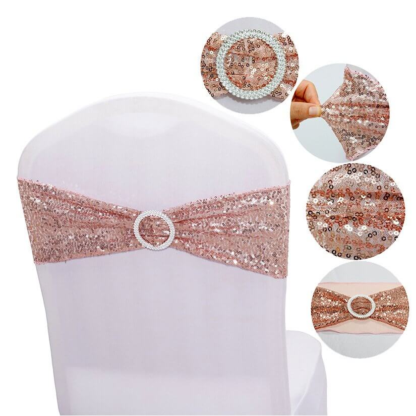 Sparkly Sequin Lycra Chair Sash - Rose Gold