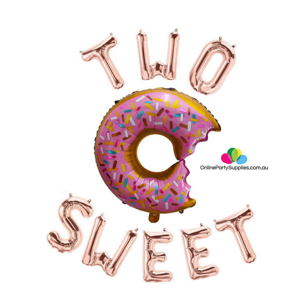 rose gold two sweet with sprinkle donut foil balloon banner for 2nd birthday party decorations