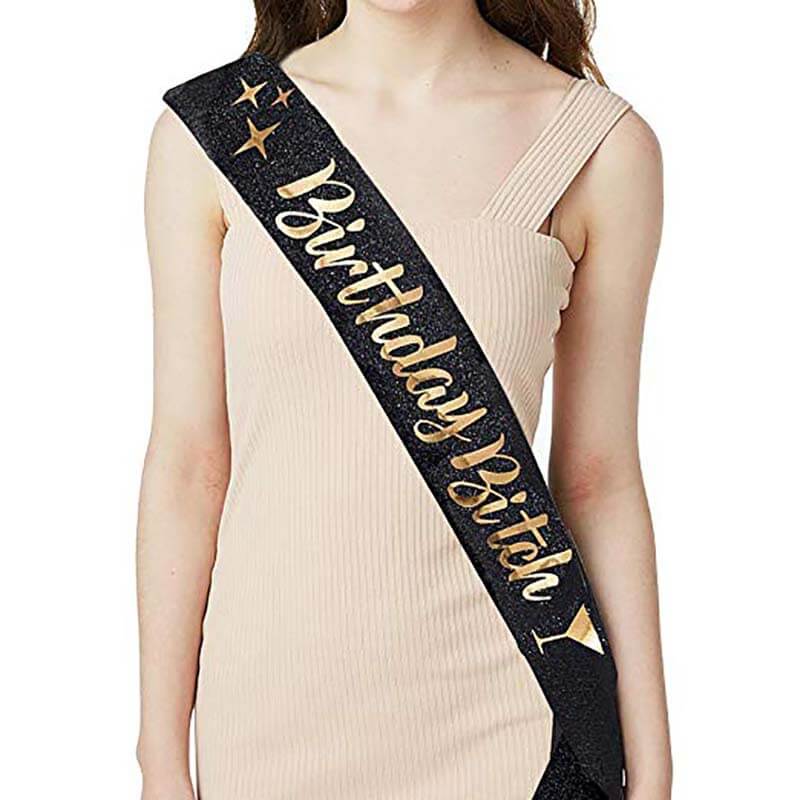 Black Glitter 'Birthday Bitch' Satin Sash - Rose Gold Foil Print