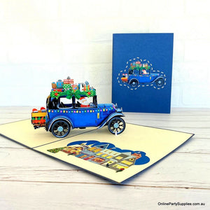 Online Party Supplies Australia Santa Driving Vintage Blue Car with Xmas Presents 3D Pop Up Greeting Card for children