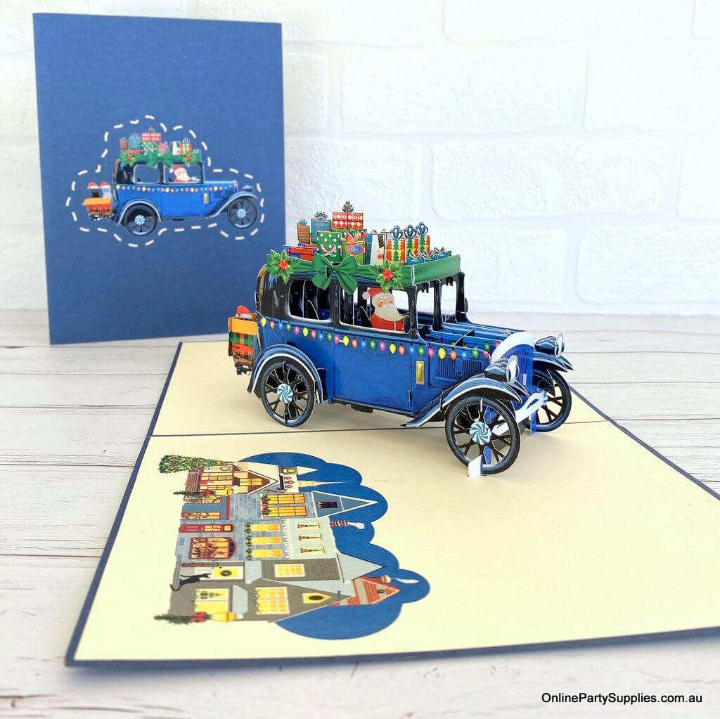 Online Party Supplies Australia Santa Driving Vintage Blue Car with Xmas Presents 3D Pop Up Greeting Card for dad