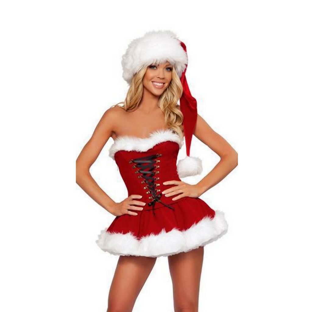 Sexy Red Mrs Santa Claus Short Dress with Christmas HatSexy Red Velvet Mrs Santa Claus Short Dress with Christmas Hat