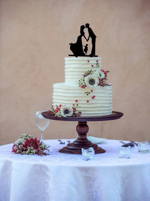 Silhouette Kissing Bride and Groom with a Girl Wedding Family Cake Topper