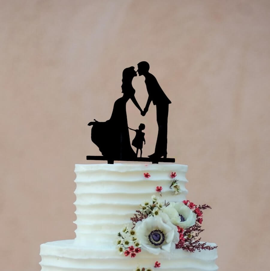Silhouette Kissing Bride and Groom with a Girl Wedding Family Cake Topper