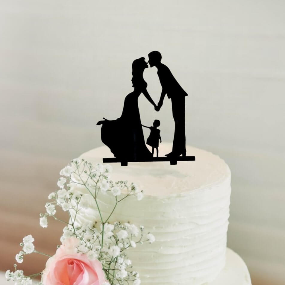 Silhouette Kissing Bride and Groom with a Girl Wedding Family Cake Topper