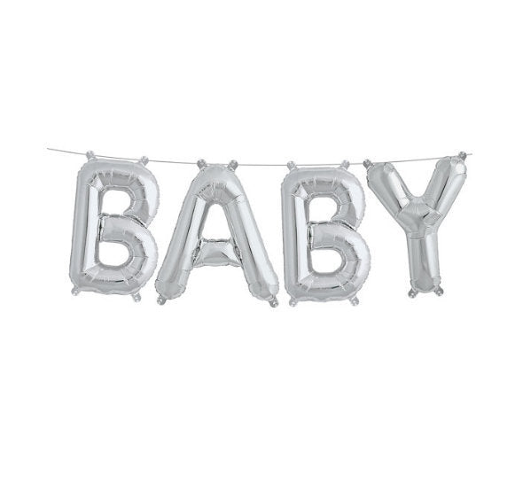 16 Inch Silver BABY Foil Balloon Banner Bunting - Neutral Baby Shower, Gender Reveal Party Decorations