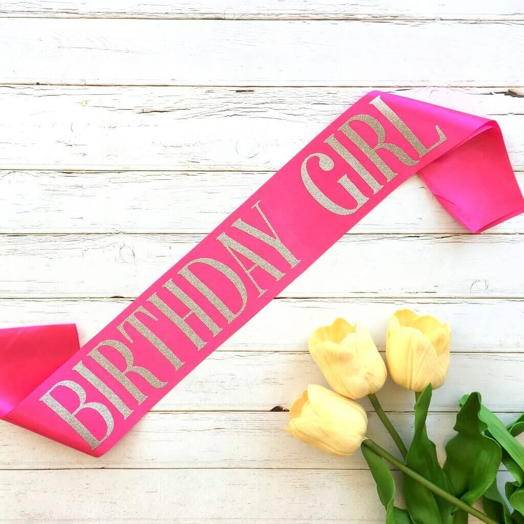 Online Party Supplies Silver Glitter 'Birthday Girl' Luxurious Hot Pink Satin Party Sash