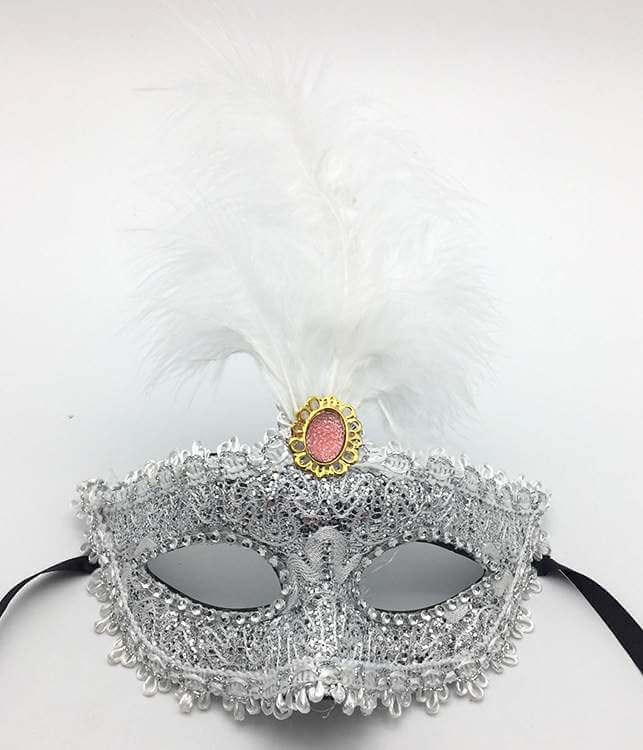 Elegant Tall Feather Lace Masquerade Mask for Women - Silver