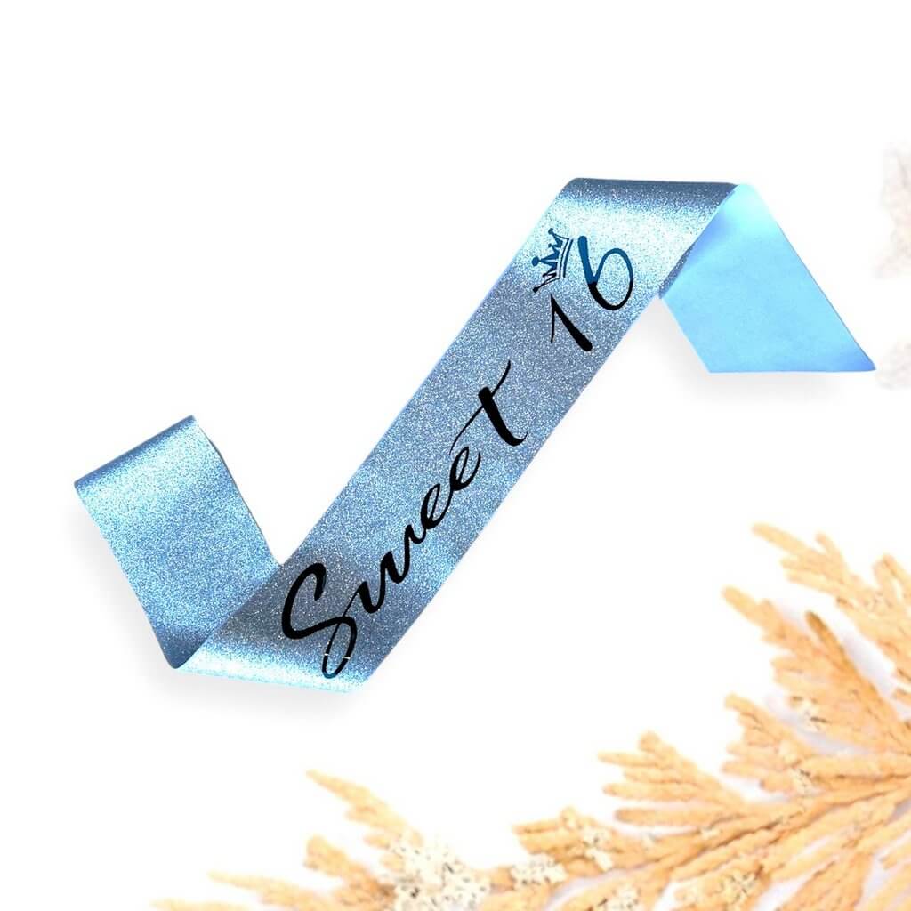Silver Glitter Sweet 16 with Little Crown Birthday Party Sash