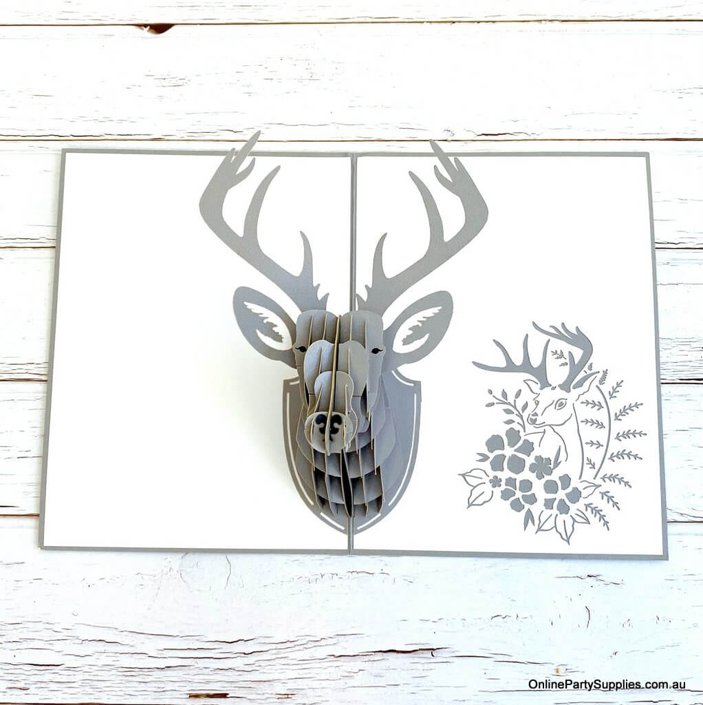 Online Party Supplies Handmade Silver Grey Deer Stag Head Wall Decor 3D Pop Up Card for him