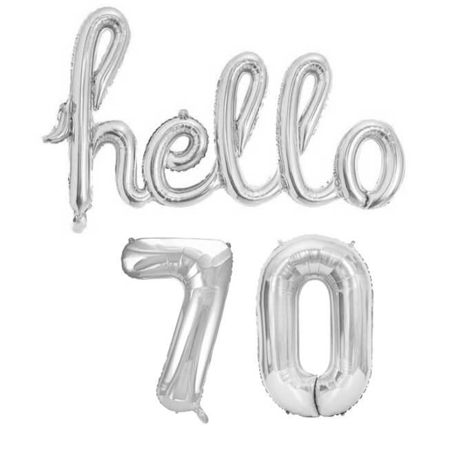 Silver 'hello 70' Birthday Foil Balloon Banner