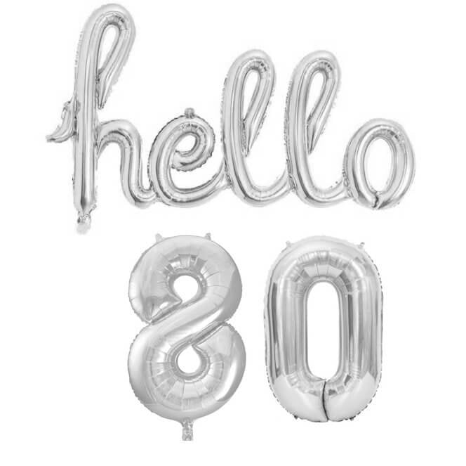 Silver 'hello 80' Birthday Foil Balloon Banner