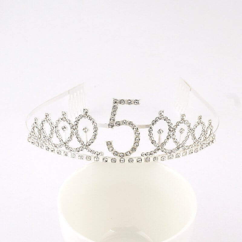 Silver Metal Rhinestone Happy 5th Birthday Tiara - Style 10