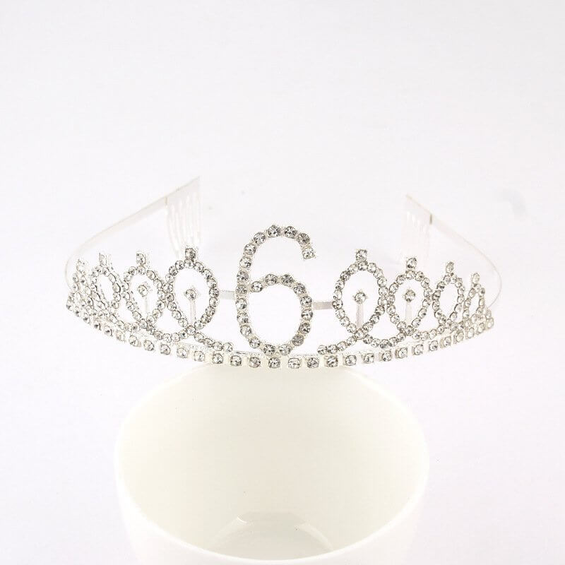 Silver Metal Rhinestone Happy 6th Birthday Tiara - Style 10