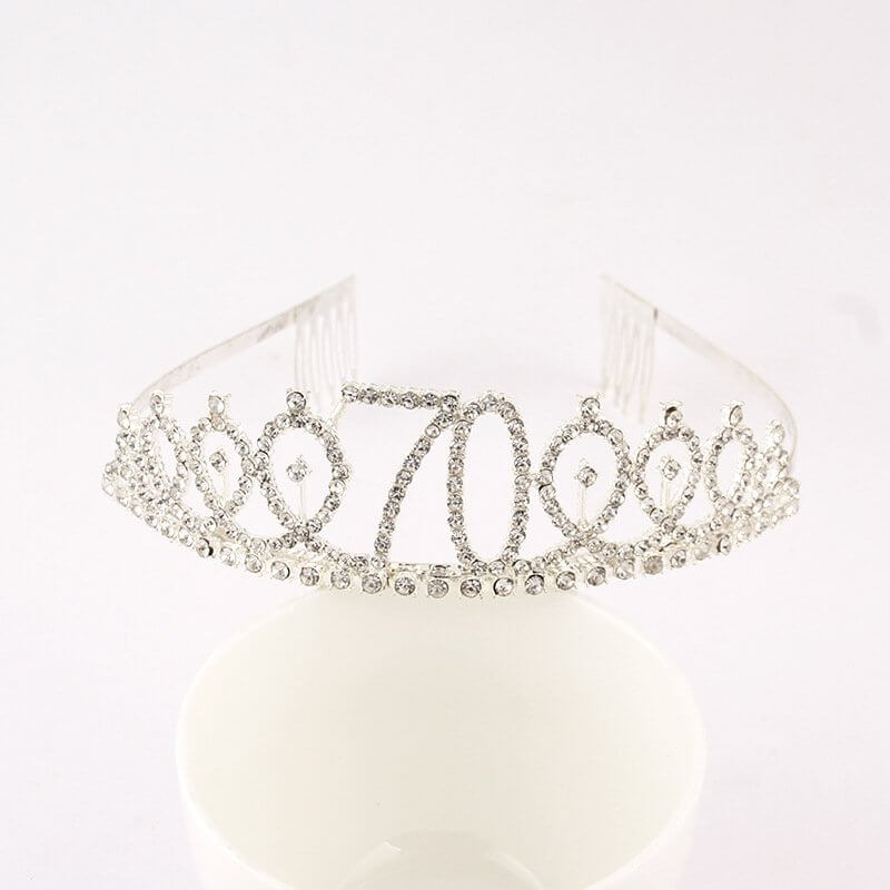 Metal Silver Rhinestone Happy 70th Birthday Tiara - Style 10