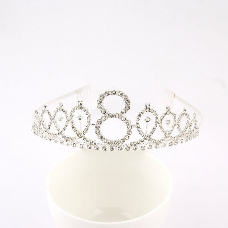 Silver Metal Rhinestone Happy 8th Birthday Tiara - Style 10