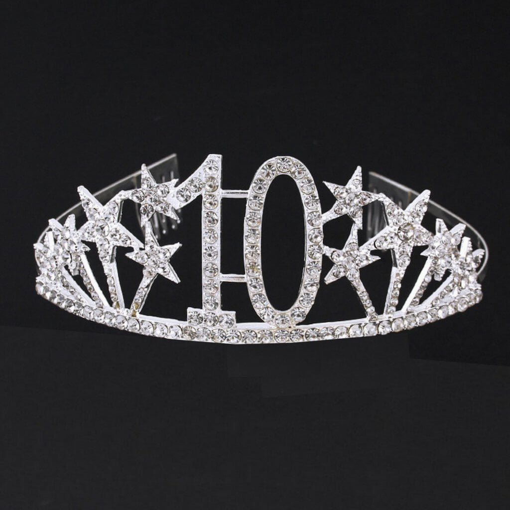 Silver Metal Rhinestone Diamante Number 10 with Stars Birthday Tiara