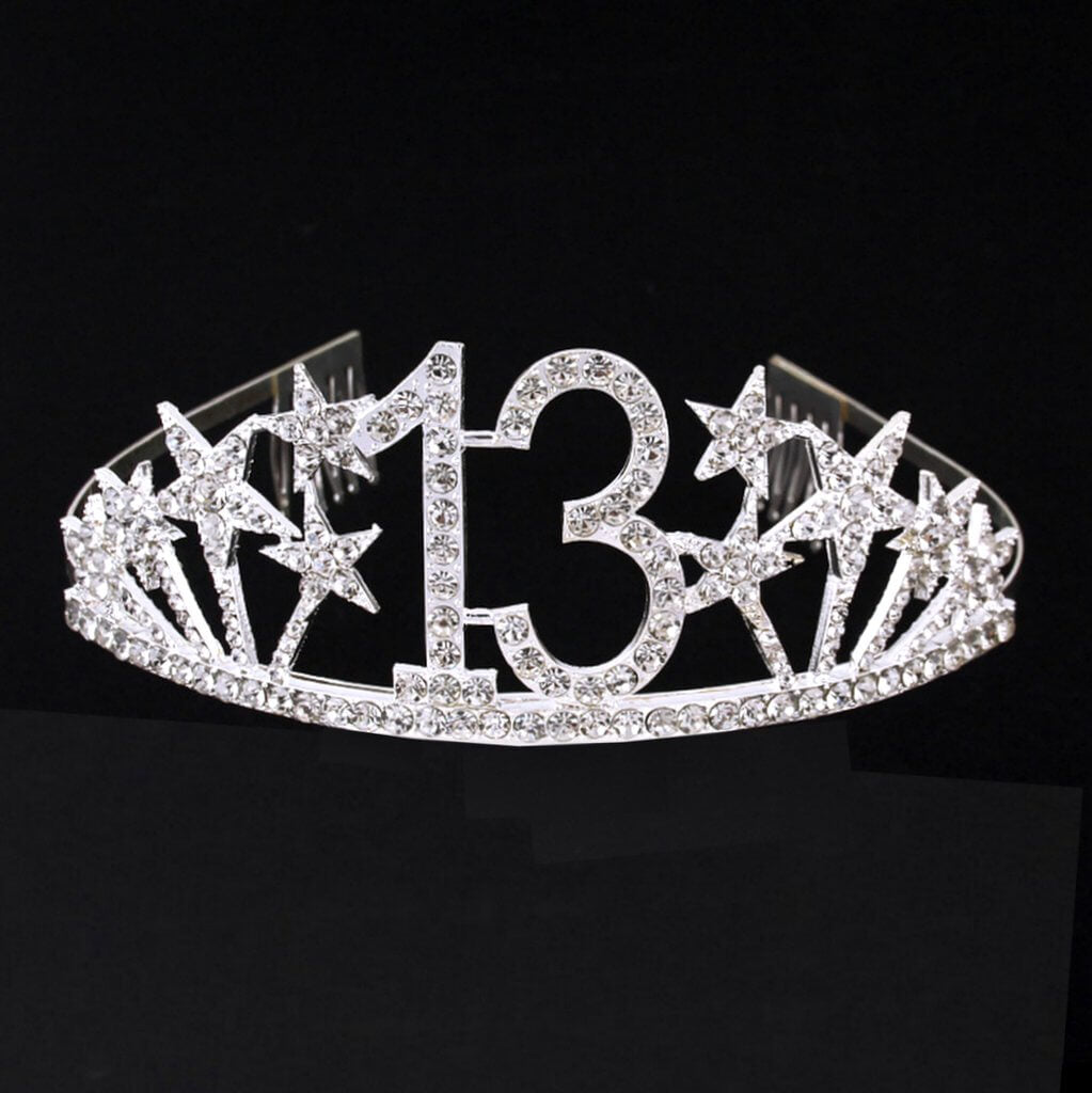 Silver Metal Rhinestone Diamante Number 13 with Stars Birthday Tiara