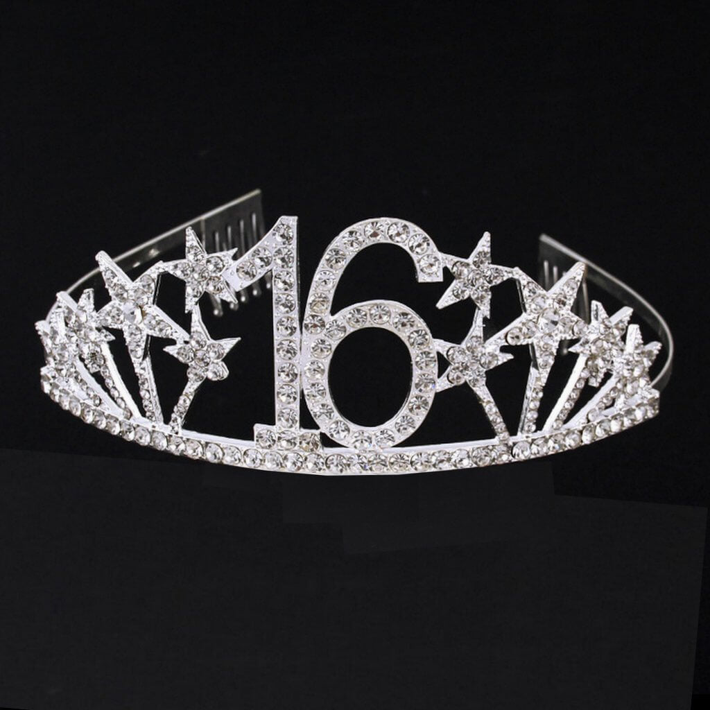 Silver Metal Rhinestone Diamante Number 16 with Stars Birthday Tiara