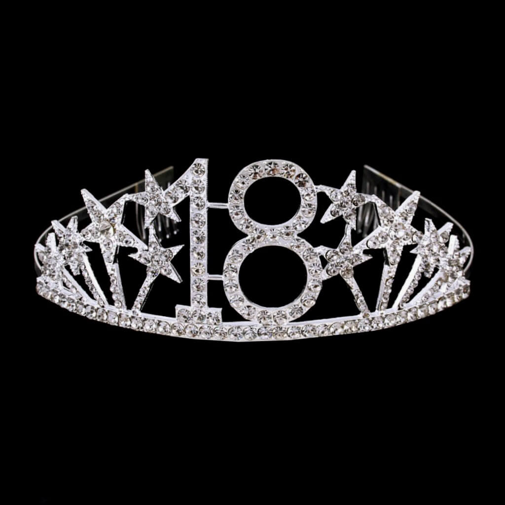 Silver Metal Rhinestone Diamante Number 18 with Stars Birthday Tiara