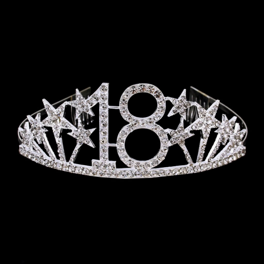 Silver Metal Rhinestone Age 18 with Stars Birthday Tiara