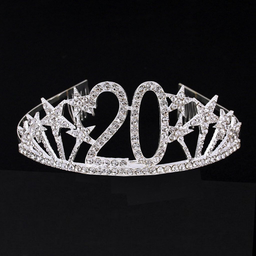 Silver Metal Rhinestone Diamante Number 20 with Stars Birthday Tiara