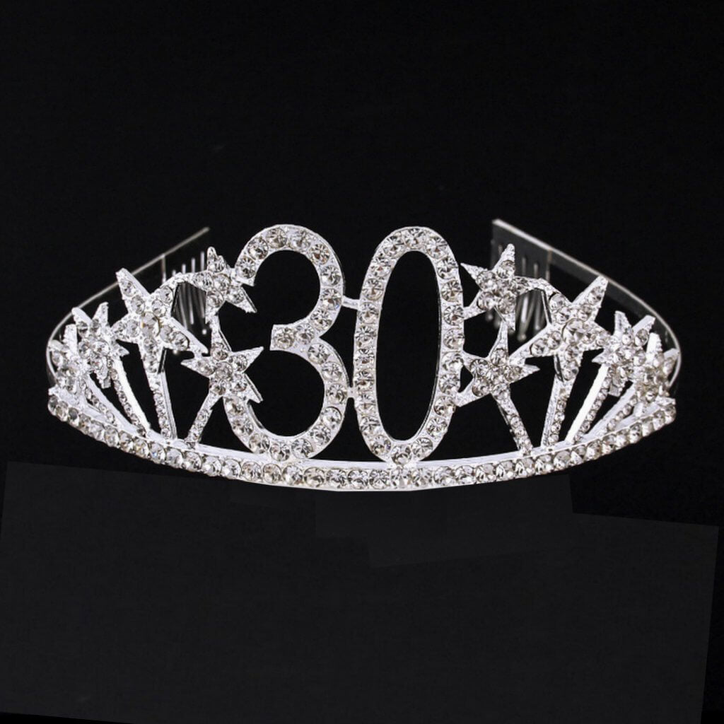 Silver Metal Rhinestone Diamante Number 30 with Stars Birthday Tiara
