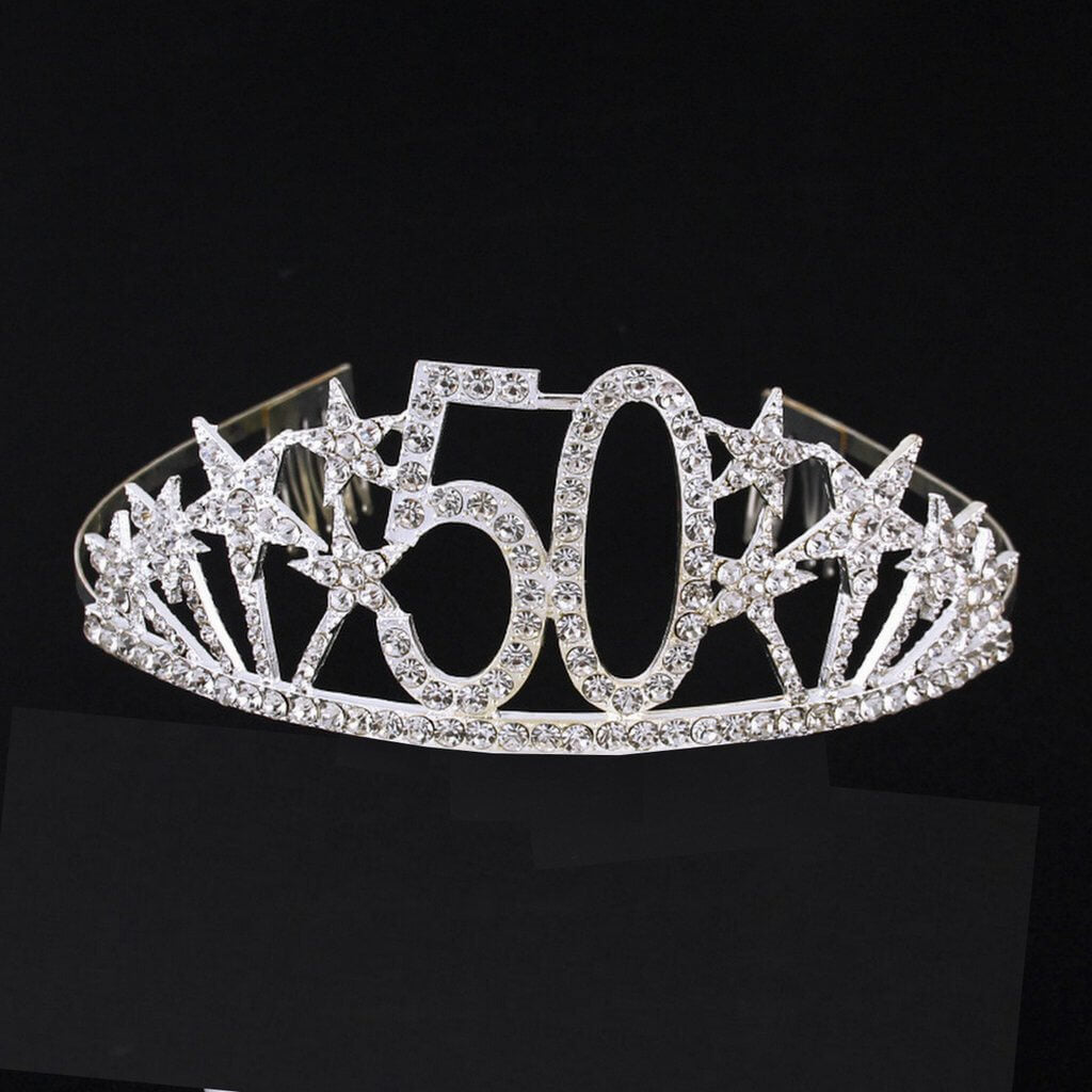 Silver Metal Rhinestone Diamante Number 50 with Stars Birthday Tiara