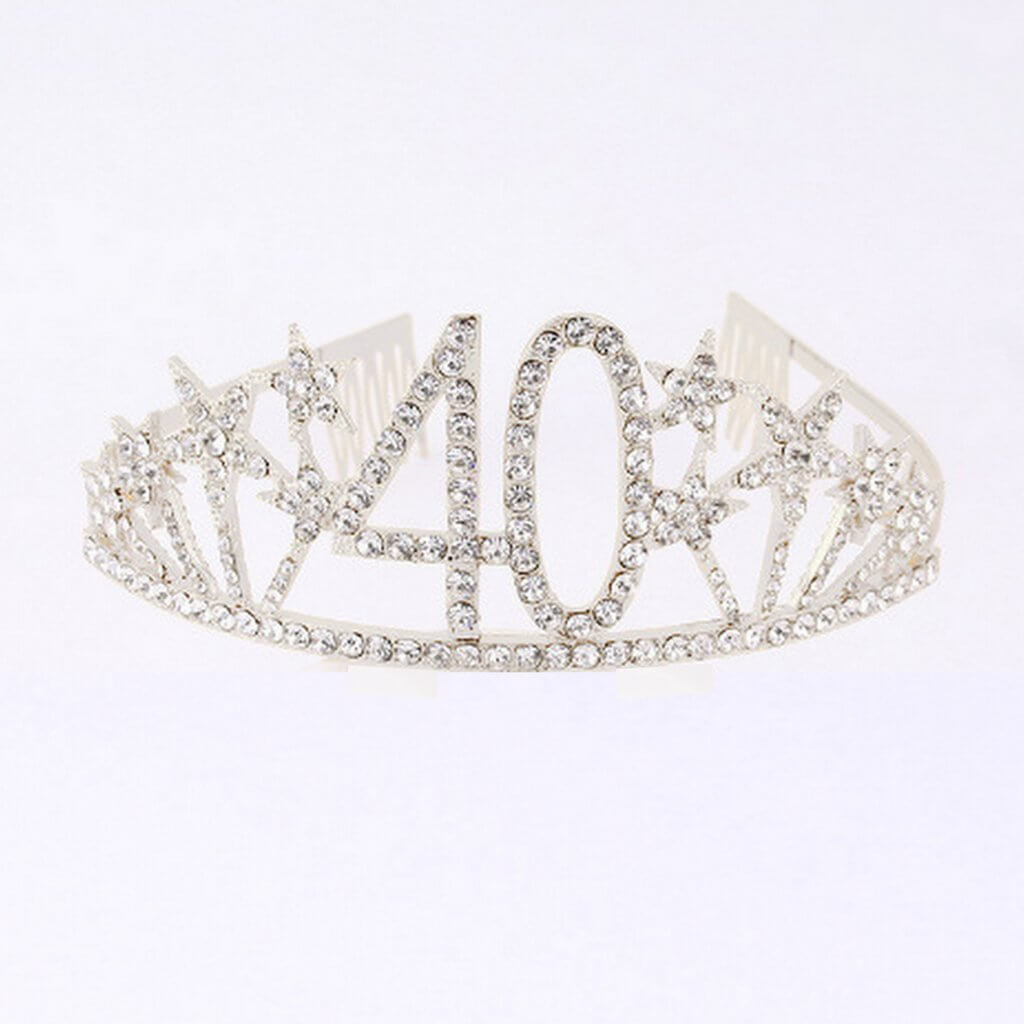 Silver Metal Rhinestone Diamante Number 40 with Stars Birthday Tiara