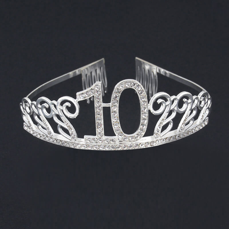 Premium Quality Metal Silver Rhinestone 10th Birthday Tiara - 10th Birthday Party Decorations