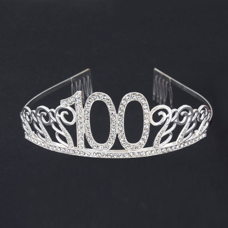 Premium Quality Silver Metal Rhinestone 100th Birthday Tiara - 100th Birthday Party Decorations