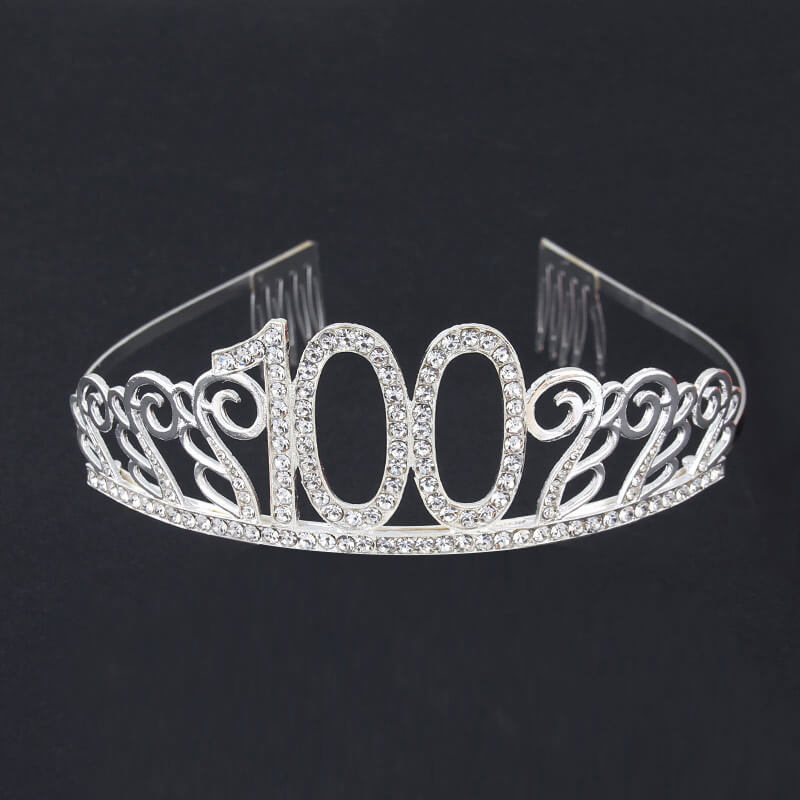 Premium Quality Silver Metal Rhinestone 100th Birthday Tiara - 100th Birthday Party Decorations
