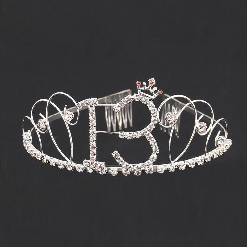 Premium Quality Metal Silver Rhinestone with Crown 13th Birthday Tiara - 13th Birthday Party Decorations