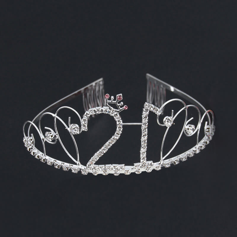 Premium Quality Silver Metal Rhinestone 21st Birthday Princess Crown Tiara