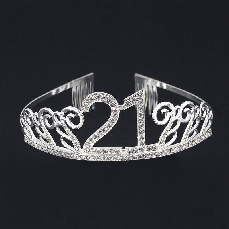 Premium Quality Silver Metal Rhinestone 21st Birthday Tiara - Twenty One Birthday Party Decorations