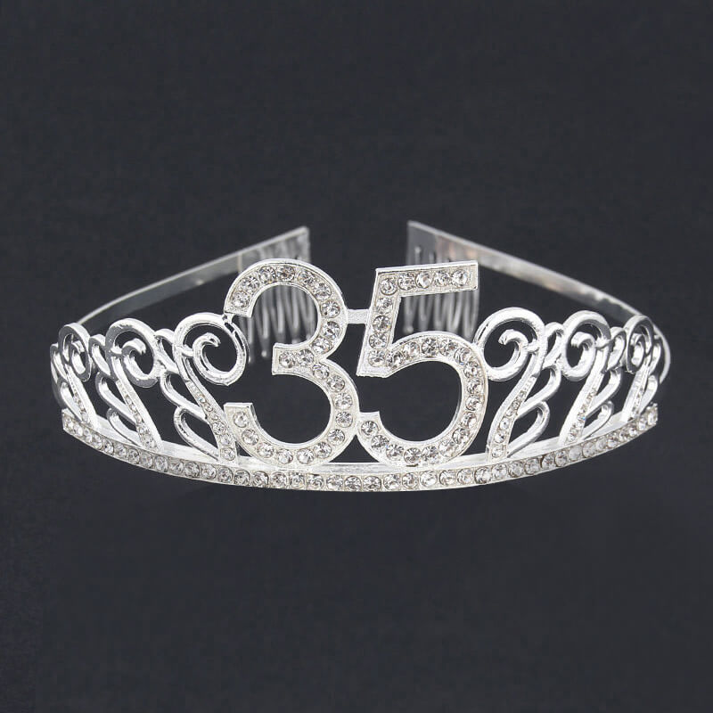 Premium Quality Silver Metal Rhinestone 35th Birthday Tiara - 35th Birthday Party Decorations