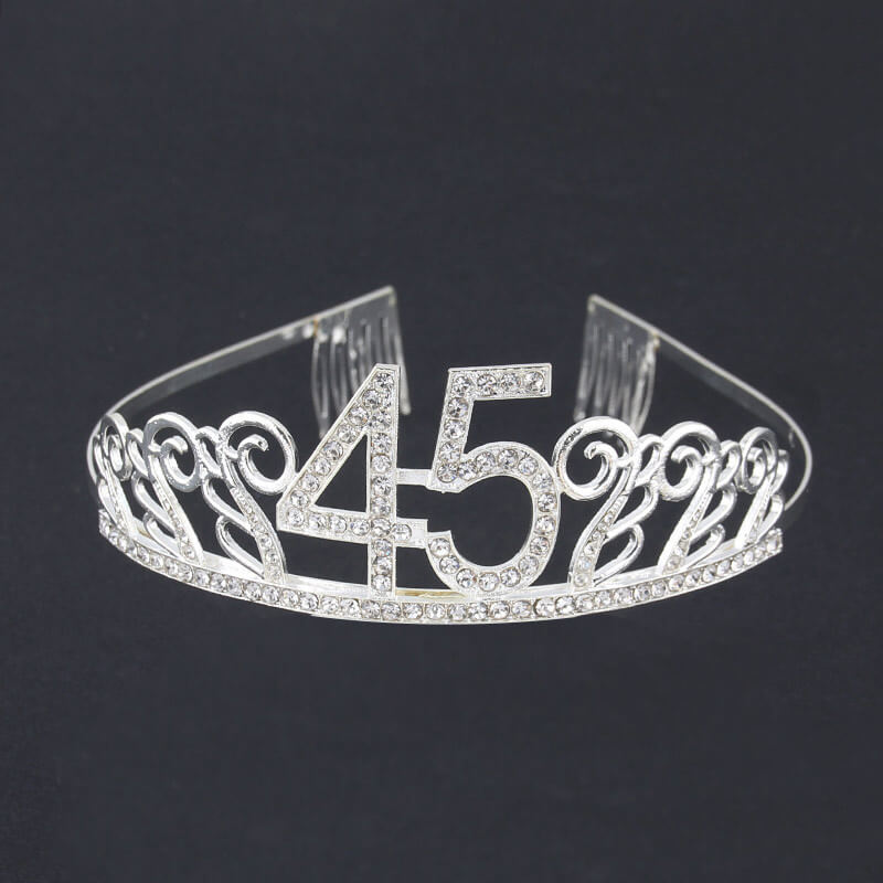 Premium Quality Silver Metal Rhinestone 45th Birthday Tiara - 45th Birthday Party Decorations
