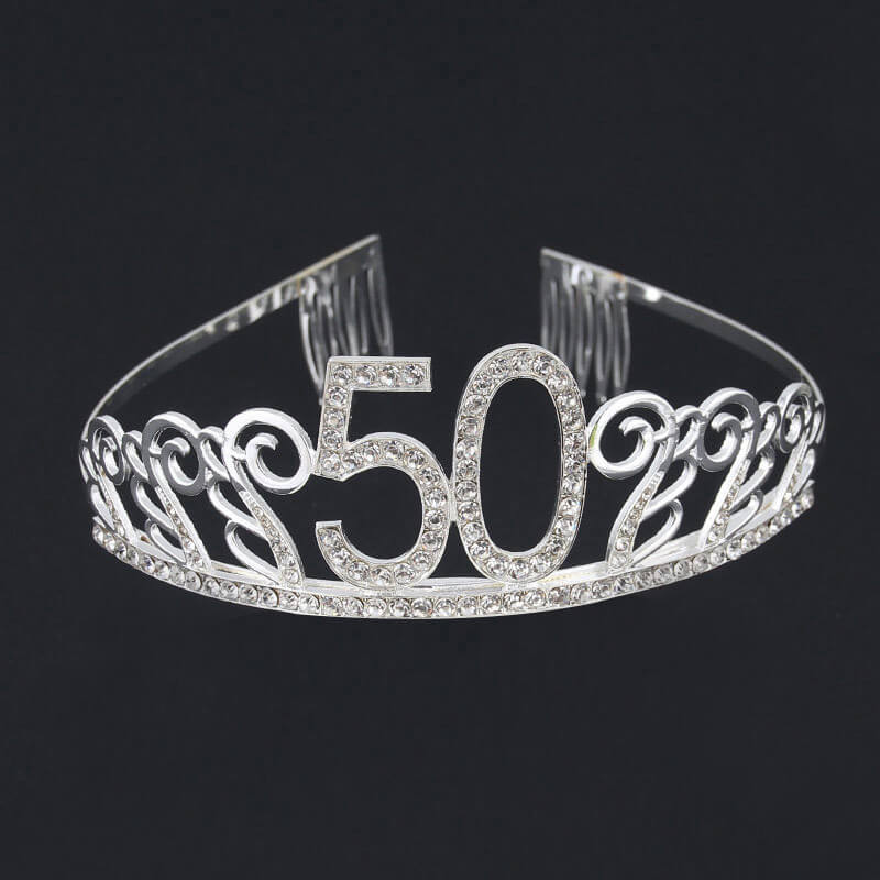 Premium Quality Silver Metal Rhinestone 50th Birthday Tiara - 50th Birthday Party Decorations