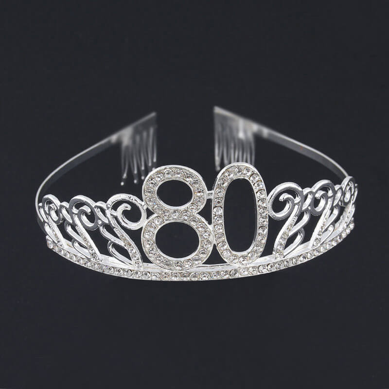 Premium Quality Silver Metal Rhinestone 80th Birthday Tiara - 80th Birthday Party Decorations