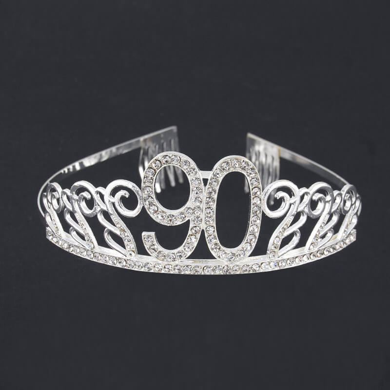 Premium Quality Silver Metal Rhinestone 90th Birthday Tiara - 90th Birthday Party Decorations