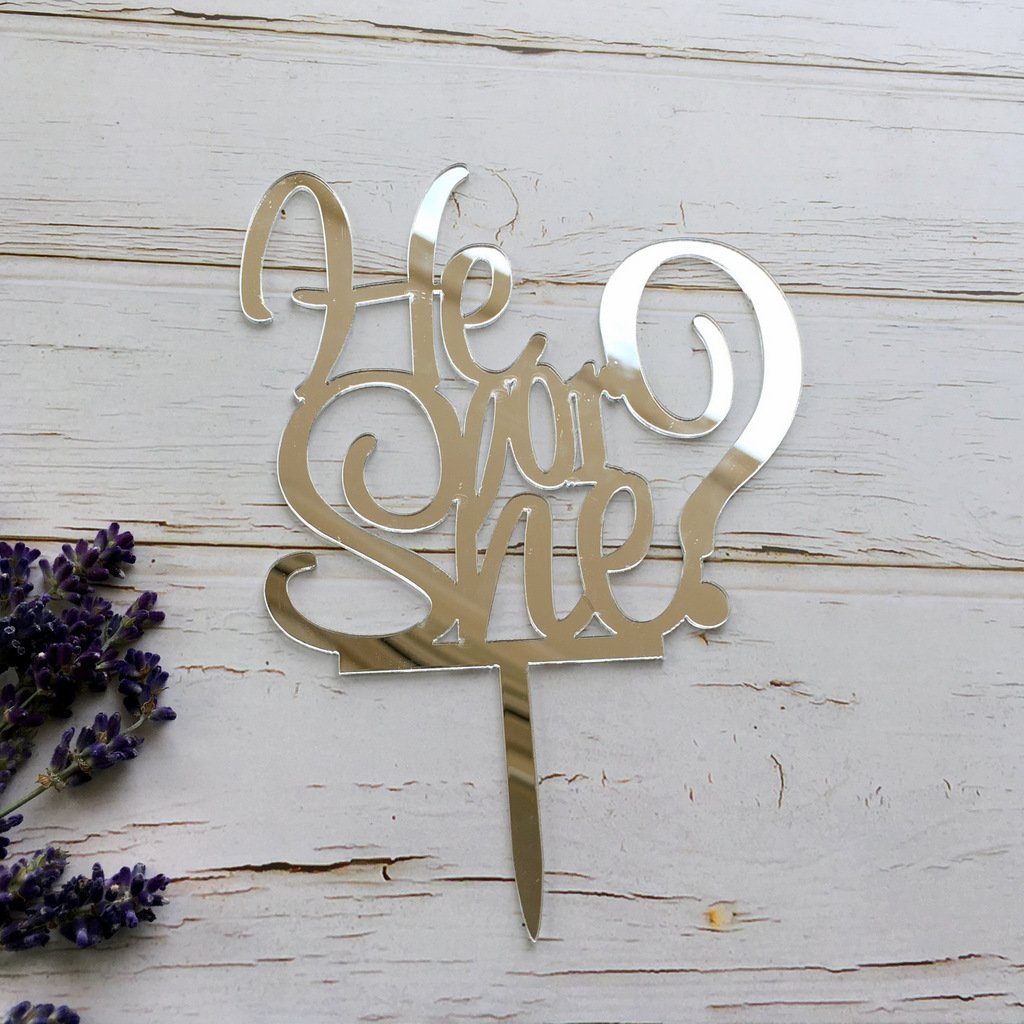 Silver Mirror Acrylic He or She Cake Topper - Online Party Supplies